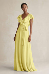 A-Line V-Neck Ruffled Sleeve Chiffon Bridesmaid Dress in Buttercup - KISS BRIDAL BRIDESMAID DRESSES
