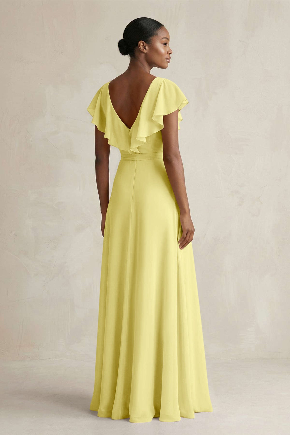 A-Line V-Neck Ruffled Sleeve Chiffon Bridesmaid Dress in Buttercup - KISS BRIDAL BRIDESMAID DRESSES