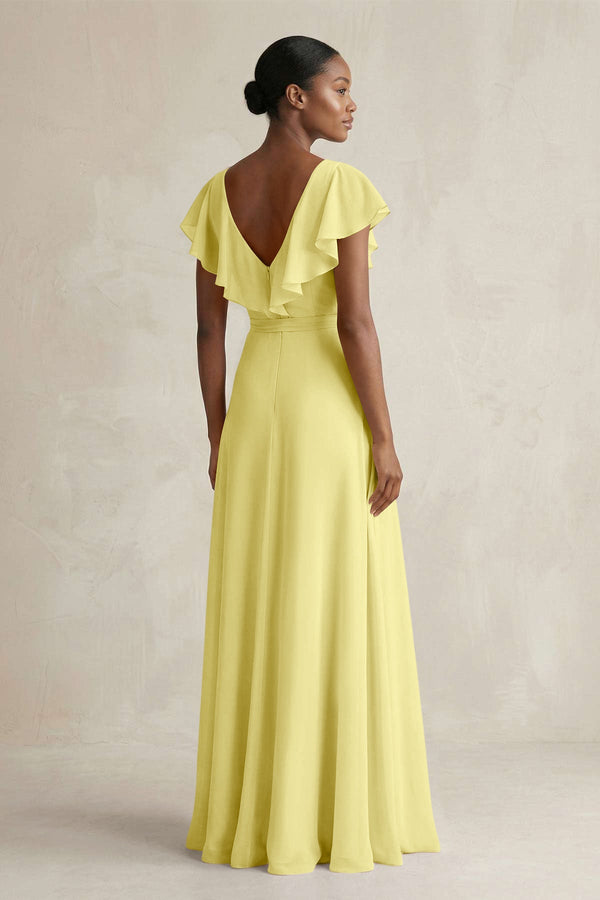 A-Line V-Neck Ruffled Sleeve Chiffon Bridesmaid Dress in Buttercup - SHE IS ME BRIDESMAID DRESSES