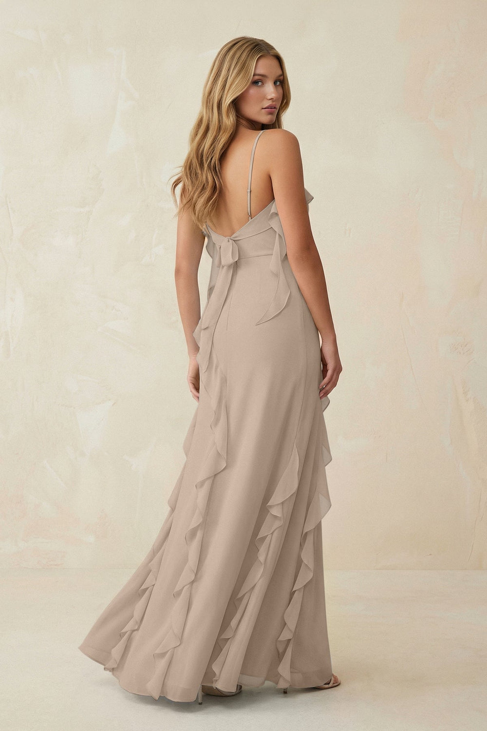 Ruffled Cami Strap Chiffon Sheath Bridesmaid Dress in Almond - KISS BRIDAL Bridesmaid Dresses