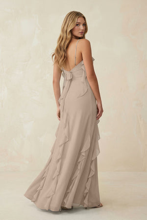 Ruffled Cami Strap Chiffon Sheath Bridesmaid Dress in Almond - SHE IS ME Bridesmaid Dresses