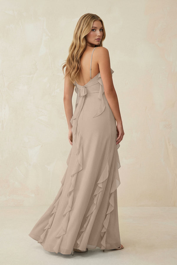 Ruffled Cami Strap Chiffon Sheath Bridesmaid Dress in Almond - SHE IS ME Bridesmaid Dresses