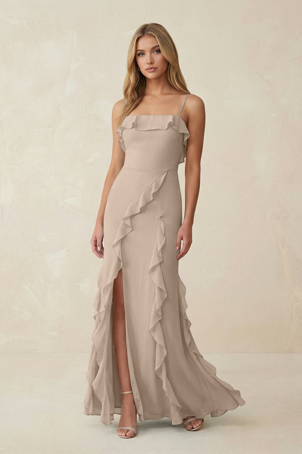 Ruffled Cami Strap Chiffon Sheath Bridesmaid Dress in Almond - KISS BRIDAL Bridesmaid Dresses