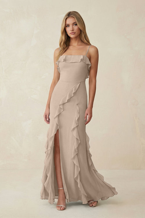 Ruffled Cami Strap Chiffon Sheath Bridesmaid Dress in Almond - SHE IS ME Bridesmaid Dresses