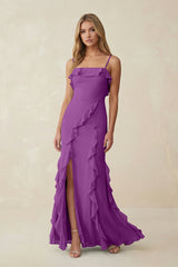 Ruffled Cami Strap Chiffon Sheath Bridesmaid Dress in Amethyst - KISS BRIDAL Bridesmaid Dresses