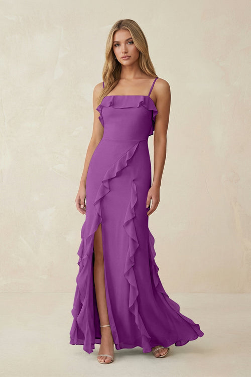 Ruffled Cami Strap Chiffon Sheath Bridesmaid Dress in Amethyst - SHE IS ME Bridesmaid Dresses