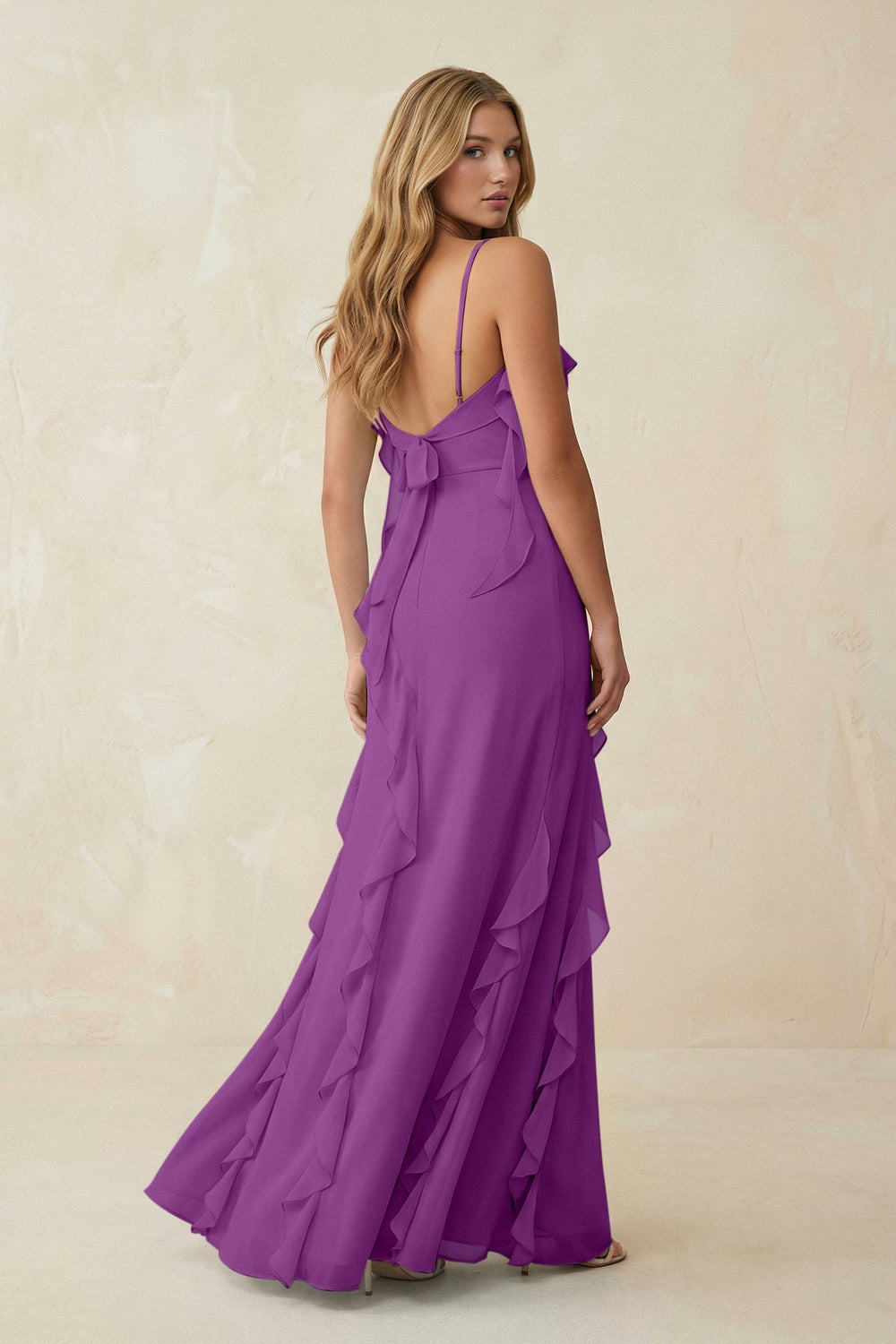 Ruffled Cami Strap Chiffon Sheath Bridesmaid Dress in Amethyst - KISS BRIDAL Bridesmaid Dresses