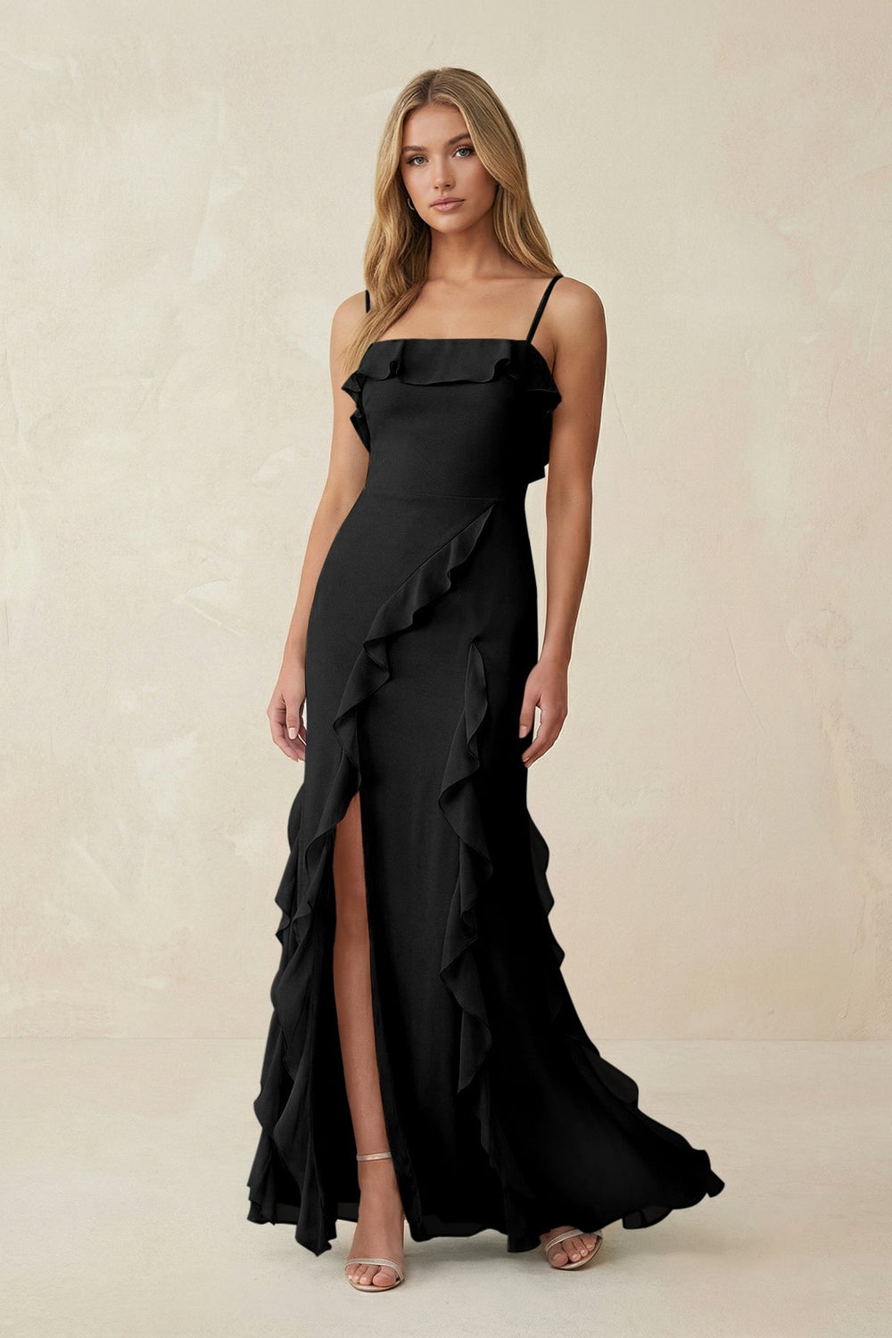 Ruffled Cami Strap Chiffon Sheath Bridesmaid Dress in Black - KISS BRIDAL Bridesmaid Dresses