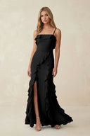 Ruffled Cami Strap Chiffon Sheath Bridesmaid Dress in Black - SHE IS ME Bridesmaid Dresses