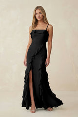Ruffled Cami Strap Chiffon Sheath Bridesmaid Dress in Black - KISS BRIDAL Bridesmaid Dresses
