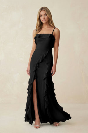 Ruffled Cami Strap Chiffon Sheath Bridesmaid Dress in Black - SHE IS ME Bridesmaid Dresses