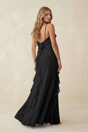 Ruffled Cami Strap Chiffon Sheath Bridesmaid Dress in Black - SHE IS ME Bridesmaid Dresses