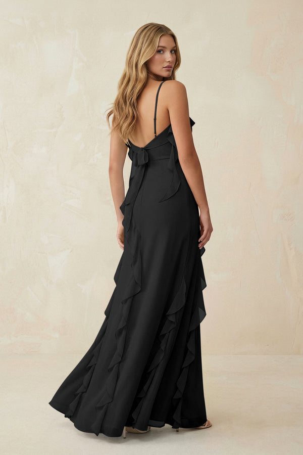 Ruffled Cami Strap Chiffon Sheath Bridesmaid Dress in Black - SHE IS ME Bridesmaid Dresses