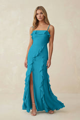 Ruffled Cami Strap Chiffon Sheath Bridesmaid Dress in Blue Jay - KISS BRIDAL Bridesmaid Dresses
