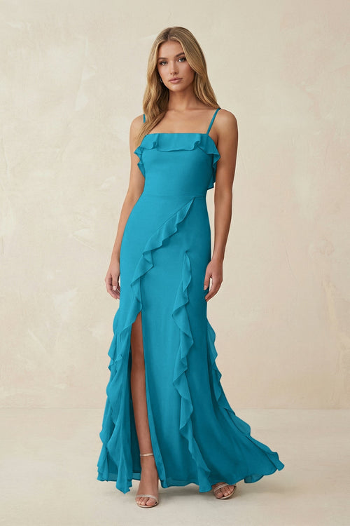 Ruffled Cami Strap Chiffon Sheath Bridesmaid Dress in Blue Jay - SHE IS ME Bridesmaid Dresses