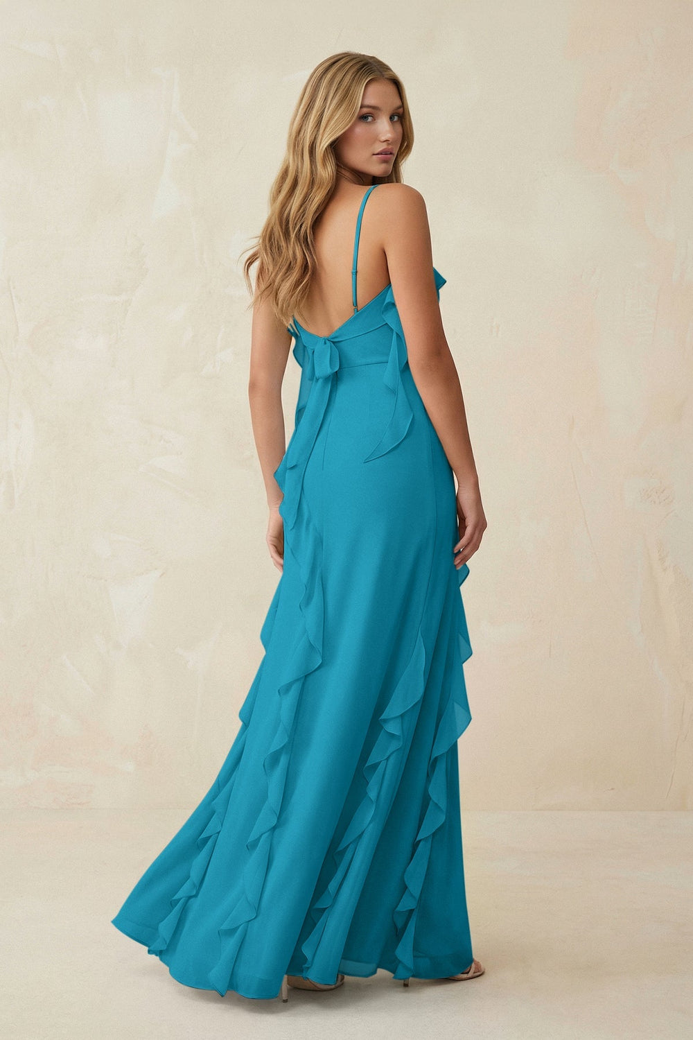 Ruffled Cami Strap Chiffon Sheath Bridesmaid Dress in Blue Jay - SHE IS ME Bridesmaid Dresses