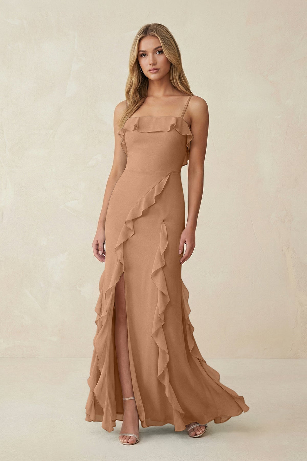 Ruffled Cami Strap Chiffon Sheath Bridesmaid Dress in Bronzer - KISS BRIDAL Bridesmaid Dresses