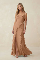 Ruffled Cami Strap Chiffon Sheath Bridesmaid Dress in Bronzer - KISS BRIDAL Bridesmaid Dresses
