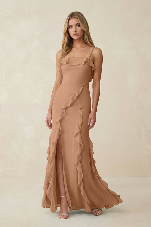 Ruffled Cami Strap Chiffon Sheath Bridesmaid Dress in Bronzer - SHE IS ME Bridesmaid Dresses