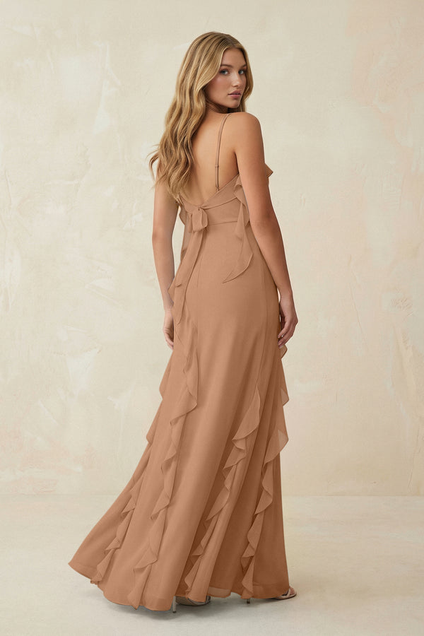 Ruffled Cami Strap Chiffon Sheath Bridesmaid Dress in Bronzer - SHE IS ME Bridesmaid Dresses