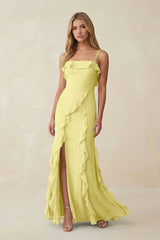 Ruffled Cami Strap Chiffon Sheath Bridesmaid Dress in Buttercup - KISS BRIDAL Bridesmaid Dresses
