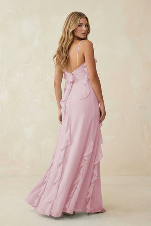 Ruffled Cami Strap Chiffon Sheath Bridesmaid Dress in Candy Pink - SHE IS ME Bridesmaid Dresses
