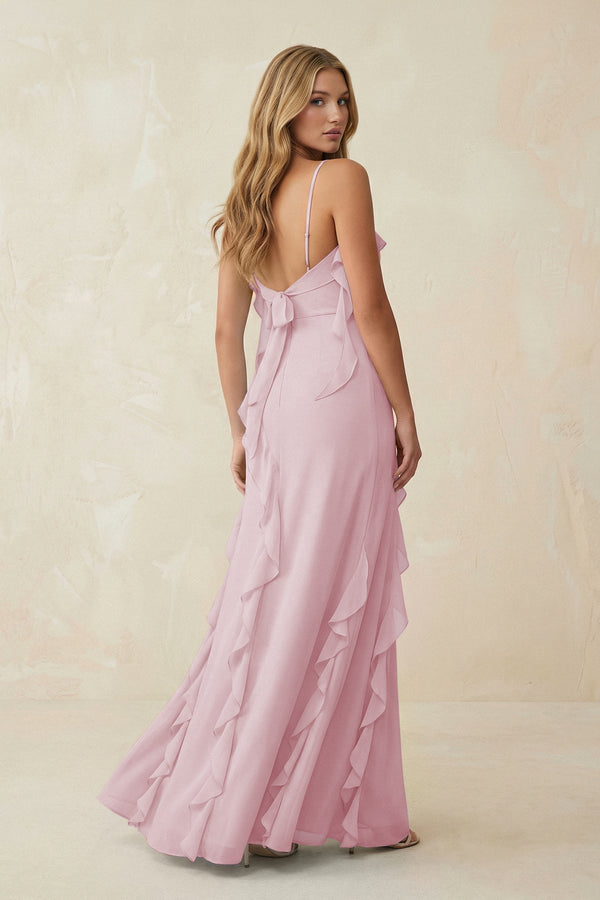 Ruffled Cami Strap Chiffon Sheath Bridesmaid Dress in Candy Pink - SHE IS ME Bridesmaid Dresses