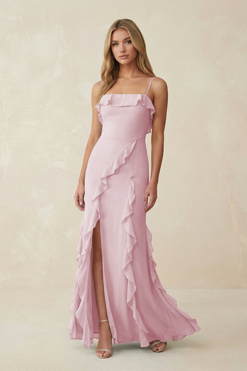 Ruffled Cami Strap Chiffon Sheath Bridesmaid Dress in Candy Pink - KISS BRIDAL Bridesmaid Dresses