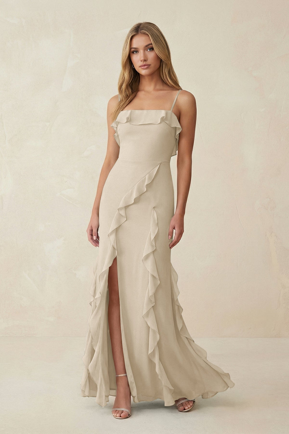 Ruffled Cami Strap Chiffon Sheath Bridesmaid Dress in Champagne - KISS BRIDAL Bridesmaid Dresses