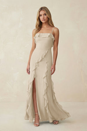 Ruffled Cami Strap Chiffon Sheath Bridesmaid Dress in Champagne - SHE IS ME Bridesmaid Dresses