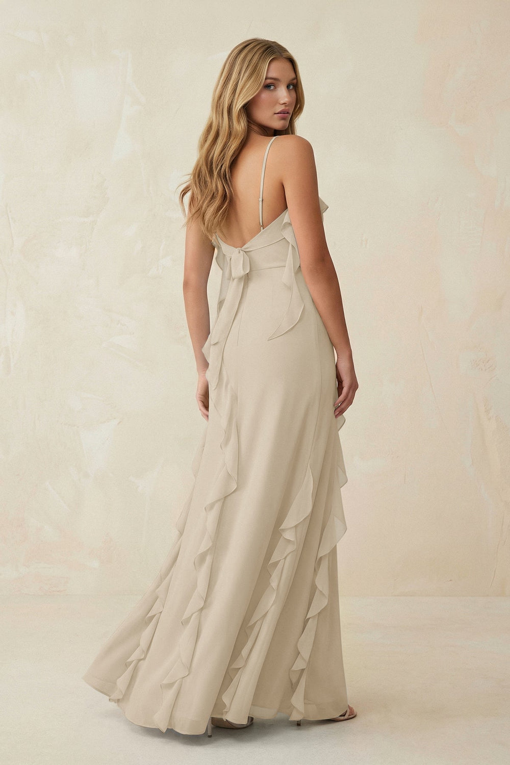 Ruffled Cami Strap Chiffon Sheath Bridesmaid Dress in Champagne - KISS BRIDAL Bridesmaid Dresses