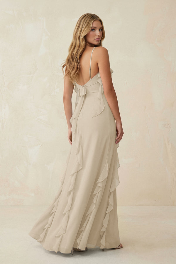 Ruffled Cami Strap Chiffon Sheath Bridesmaid Dress in Champagne - SHE IS ME Bridesmaid Dresses