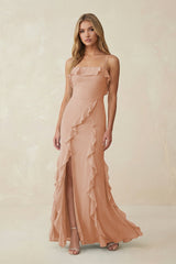 Ruffled Cami Strap Chiffon Sheath Bridesmaid Dress in Champagne Rose - KISS BRIDAL Bridesmaid Dresses