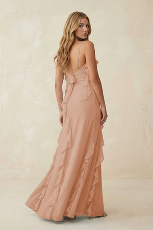 Ruffled Cami Strap Chiffon Sheath Bridesmaid Dress in Champagne Rose - SHE IS ME Bridesmaid Dresses