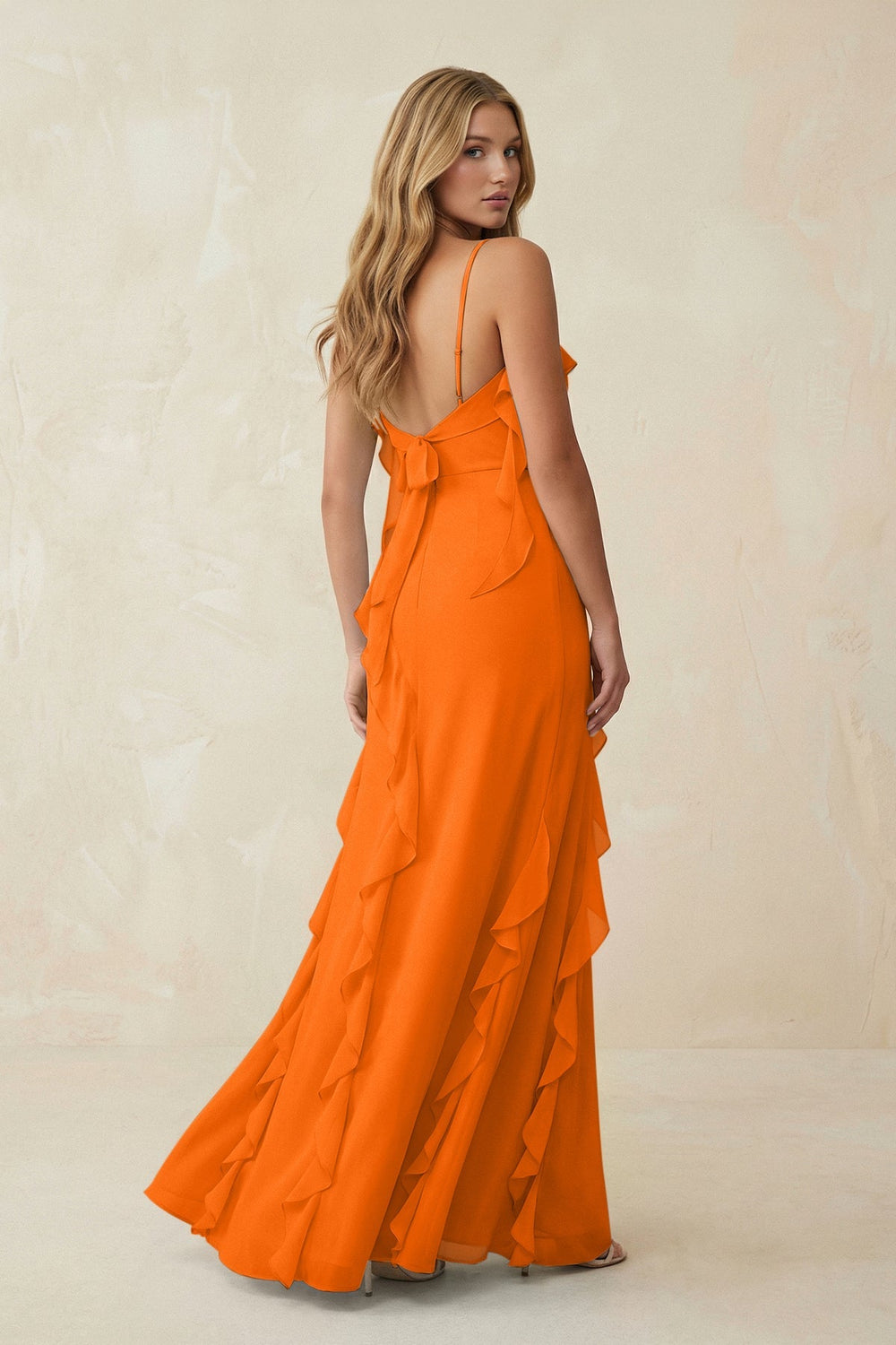 Ruffled Cami Strap Chiffon Sheath Bridesmaid Dress in Cinnamon - KISS BRIDAL Bridesmaid Dresses