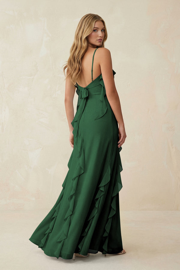Ruffled Cami Strap Chiffon Sheath Bridesmaid Dress in Dark Green - SHE IS ME Bridesmaid Dresses