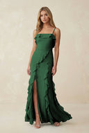 Ruffled Cami Strap Chiffon Sheath Bridesmaid Dress in Dark Green - SHE IS ME Bridesmaid Dresses