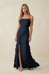 Ruffled Cami Strap Chiffon Sheath Bridesmaid Dress in Dark Navy - KISS BRIDAL Bridesmaid Dresses