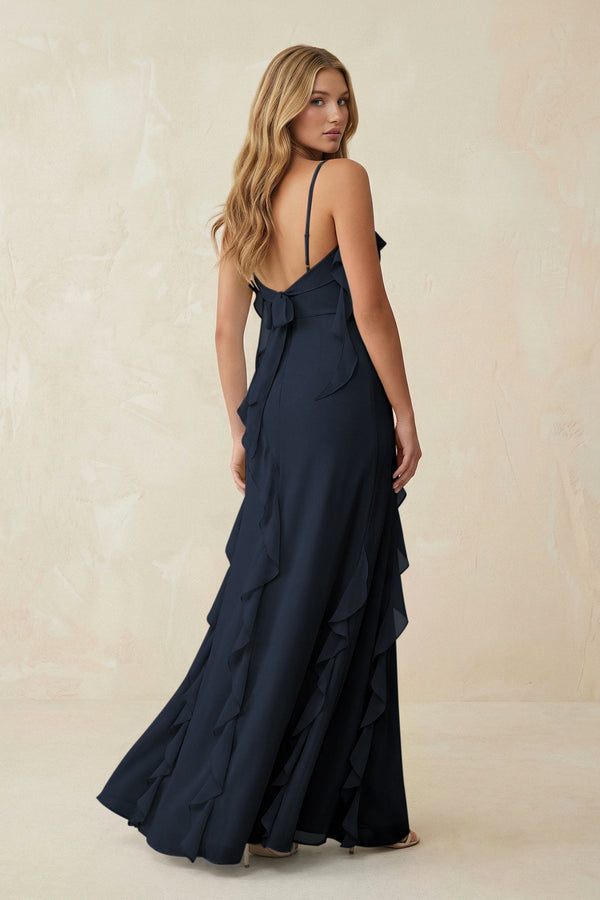 Ruffled Cami Strap Chiffon Sheath Bridesmaid Dress in Dark Navy - SHE IS ME Bridesmaid Dresses