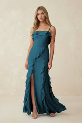 Ruffled Cami Strap Chiffon Sheath Bridesmaid Dress in Dark Teal - KISS BRIDAL Bridesmaid Dresses