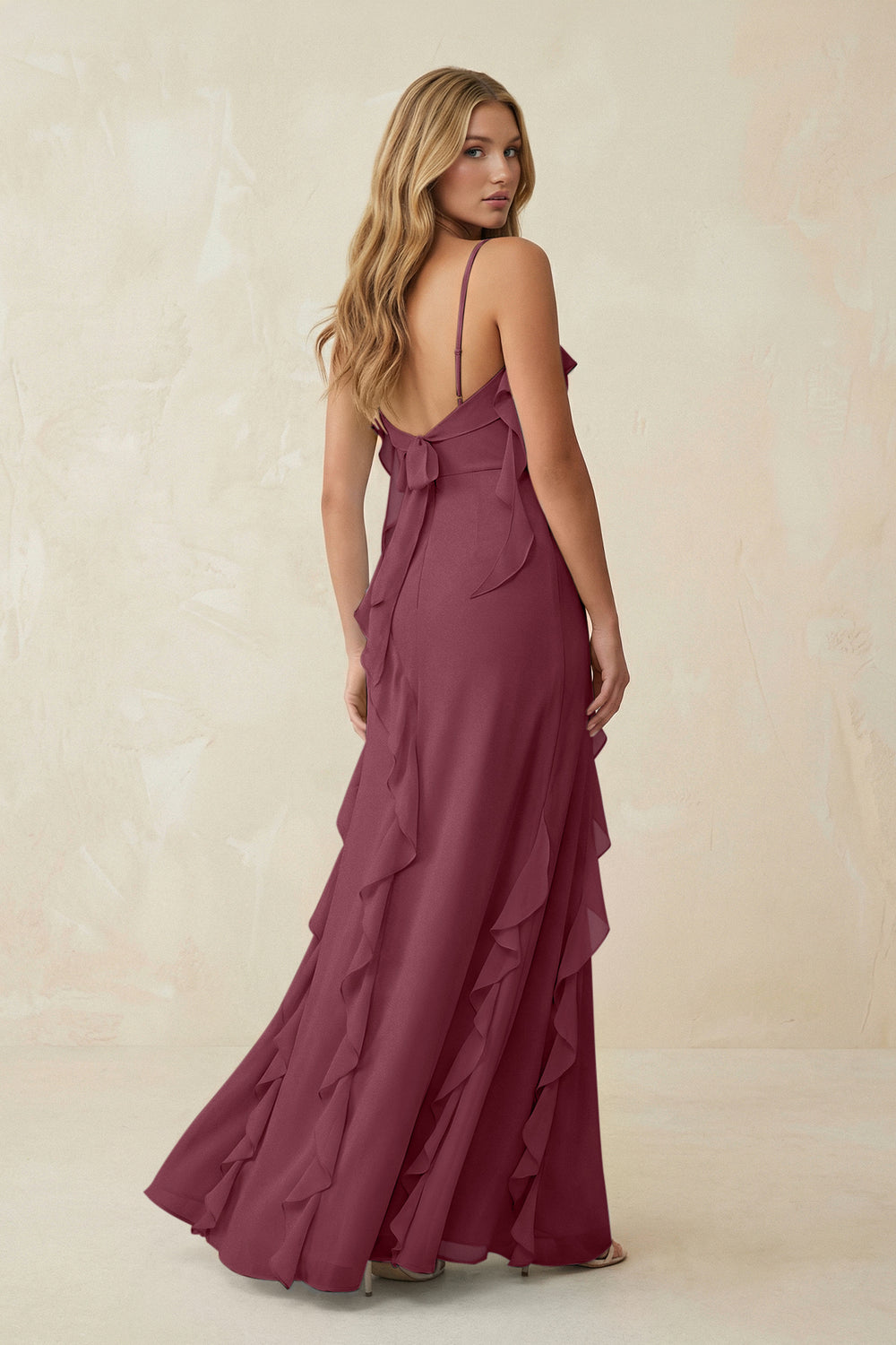 Ruffled Cami Strap Chiffon Sheath Bridesmaid Dress in Desert Rose
