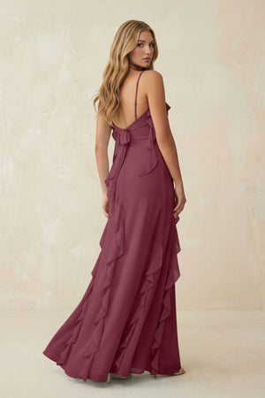Ruffled Cami Strap Chiffon Sheath Bridesmaid Dress in Desert Rose (2) | KISSBRIDAL