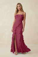 Ruffled Cami Strap Chiffon Sheath Bridesmaid Dress in Desert Rose - SHE IS ME Bridesmaid Dresses