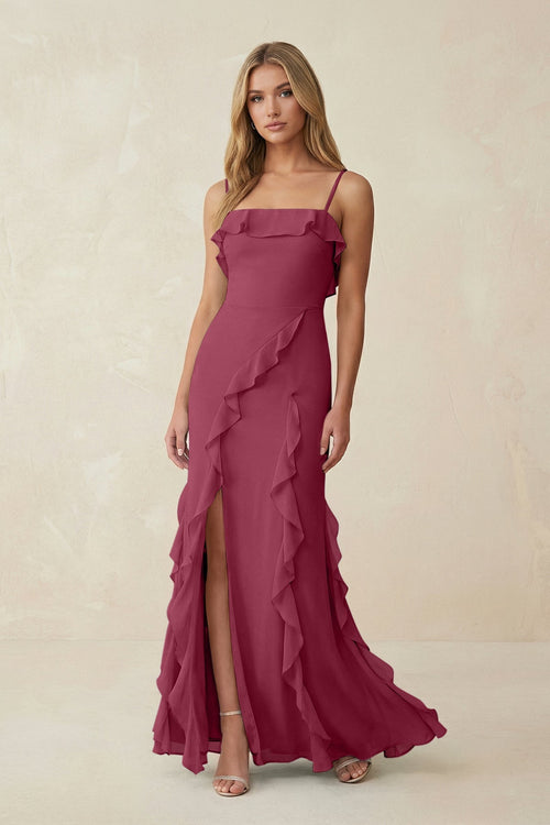 Ruffled Cami Strap Chiffon Sheath Bridesmaid Dress in Desert Rose - SHE IS ME Bridesmaid Dresses