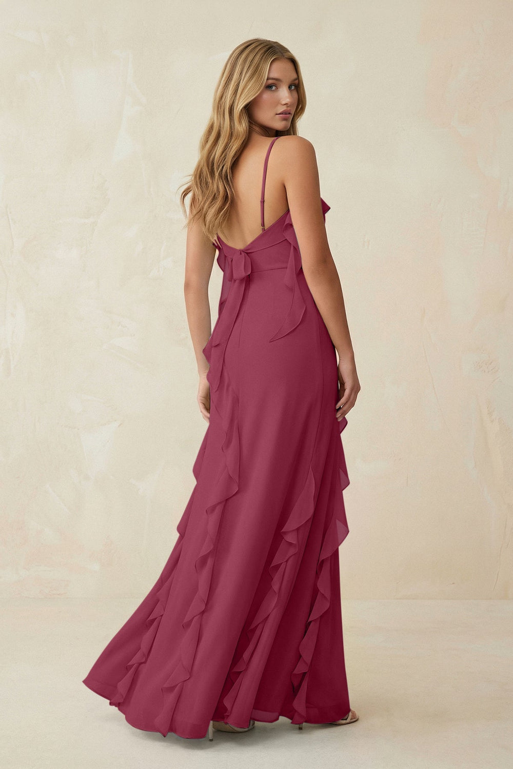 Ruffled Cami Strap Chiffon Sheath Bridesmaid Dress in Desert Rose - KISS BRIDAL Bridesmaid Dresses