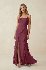 Ruffled Cami Strap Chiffon Sheath Bridesmaid Dress in Desert Rose | KISSBRIDAL