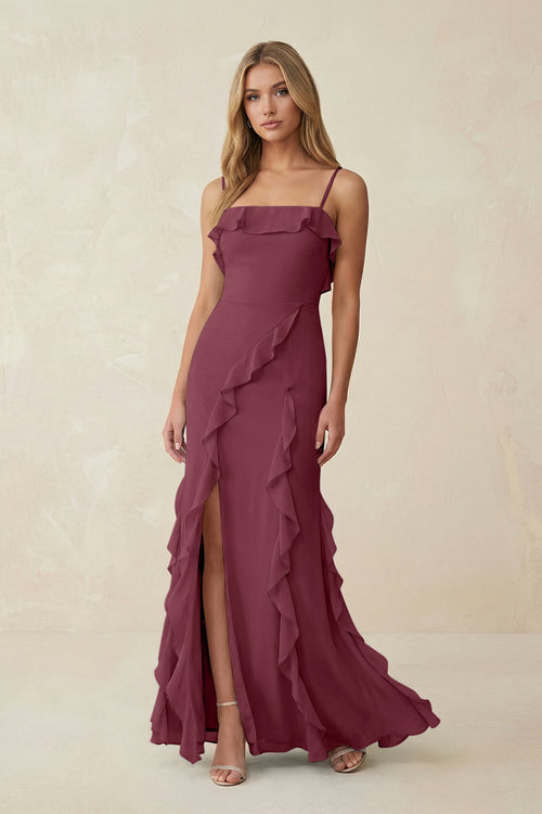 Ruffled Cami Strap Chiffon Sheath Bridesmaid Dress in Desert Rose | KISSBRIDAL