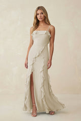 Ruffled Cami Strap Chiffon Sheath Bridesmaid Dress in Dove Gray - KISS BRIDAL Bridesmaid Dresses