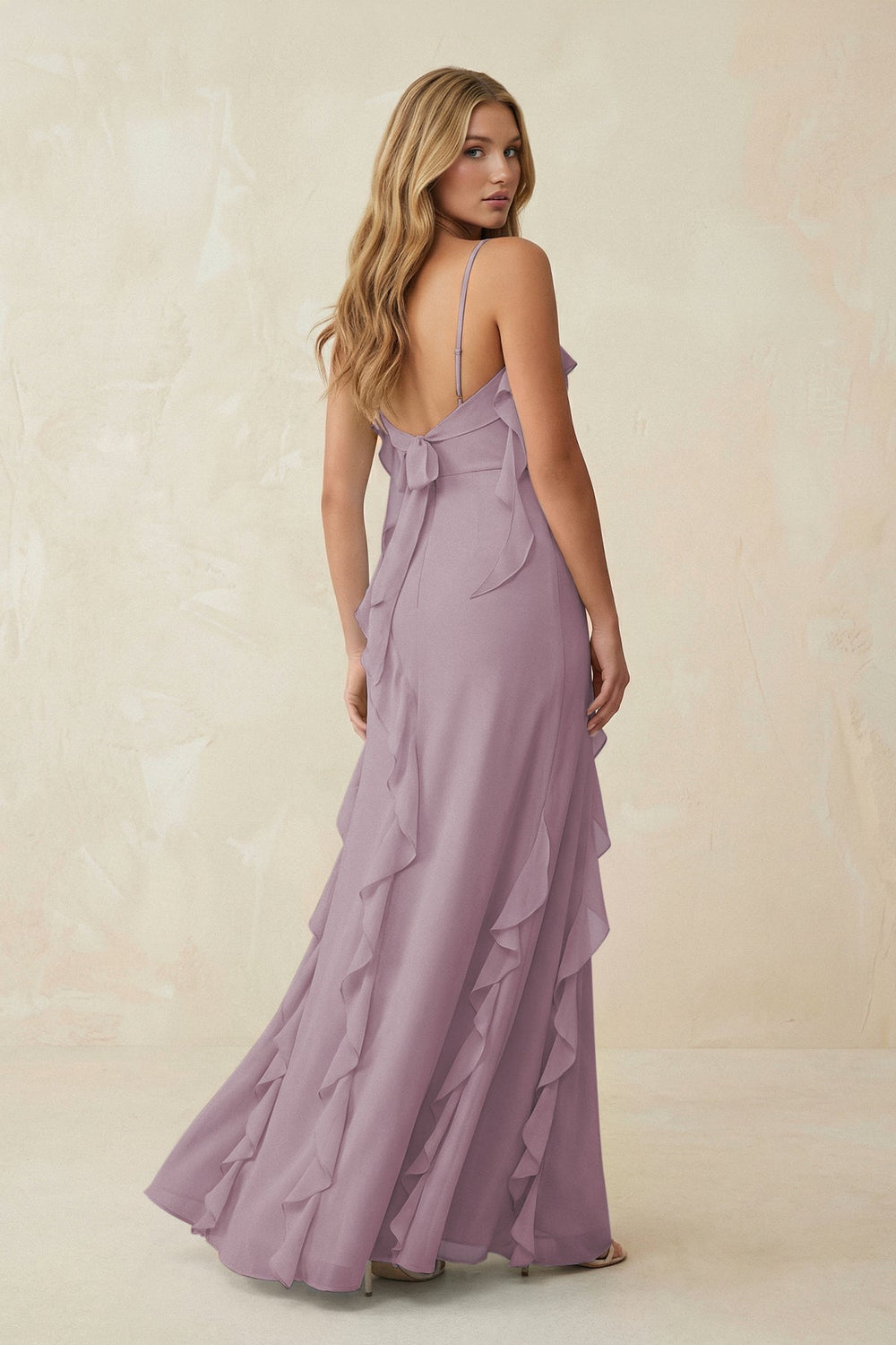 Ruffled Cami Strap Chiffon Sheath Bridesmaid Dress in Dusk - KISS BRIDAL Bridesmaid Dresses