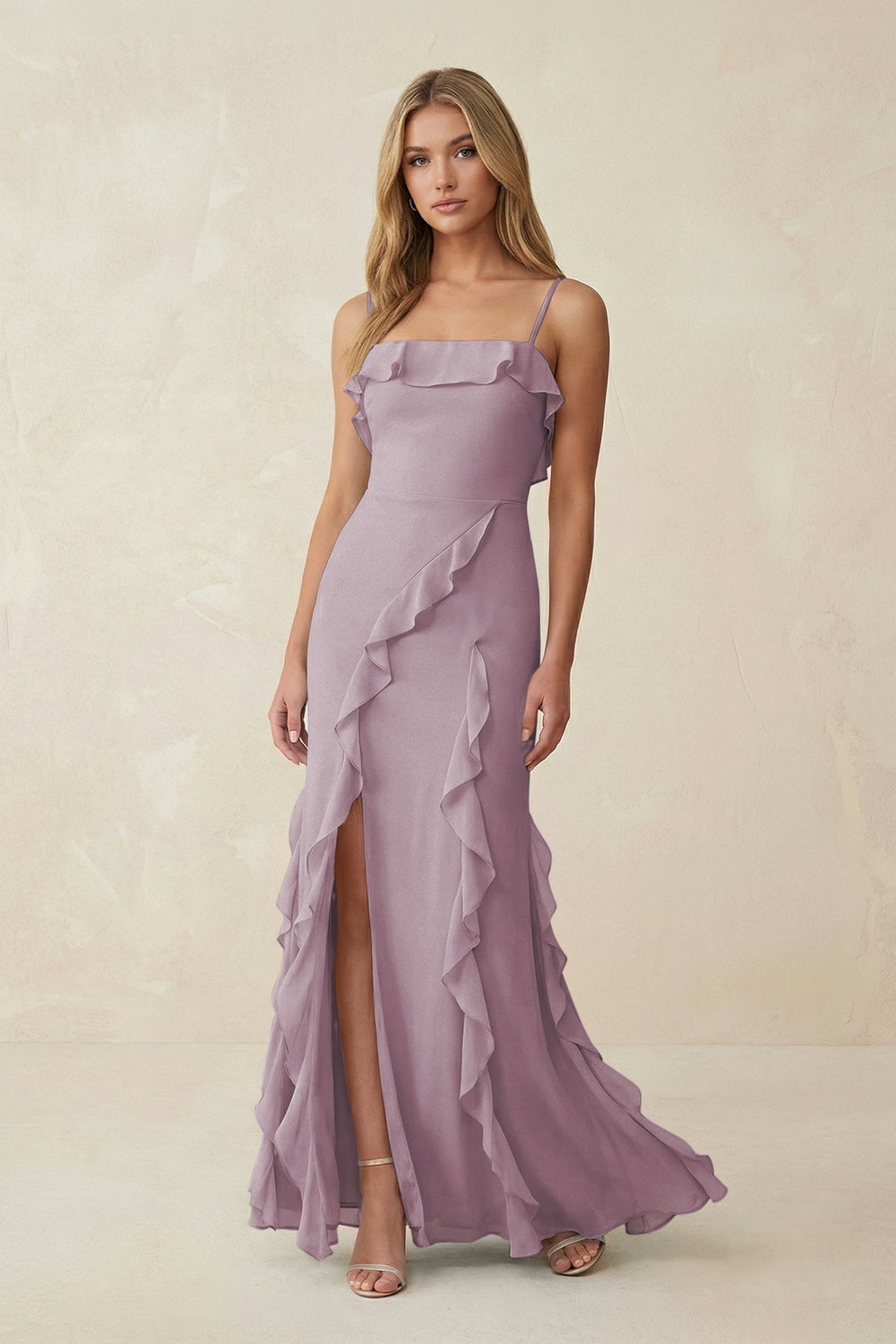 Ruffled Cami Strap Chiffon Sheath Bridesmaid Dress in Dusk - KISS BRIDAL Bridesmaid Dresses